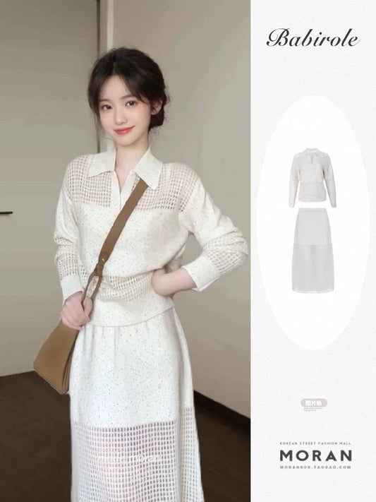 Korean style high-end spring and autumn wear two-piece suit skirt small mohair sweater lazy style relaxation