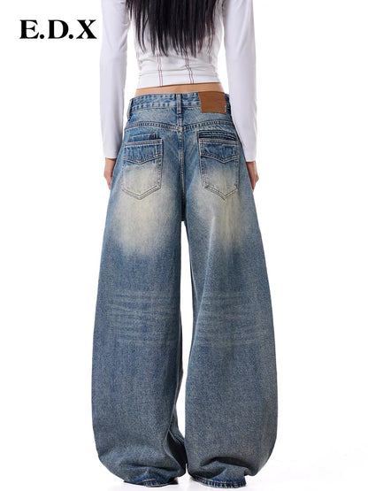 EDX Women’s Faux-Distressed Curved-Seam Wide-Leg Jeans – 2026 Autumn Vintage-Wash Distressed Light Blue Floor-Length Trousers