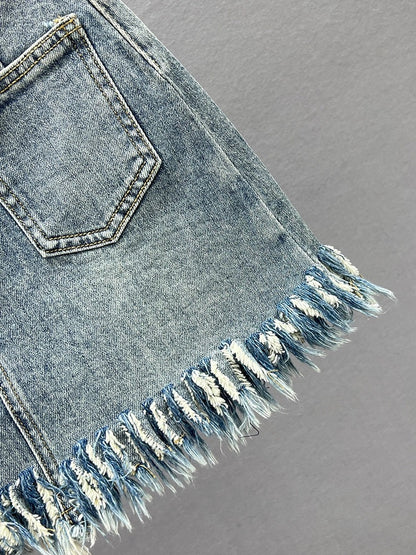 Ethnic style embroidered denim skirt for women 2024 new summer high-waist slim slimming raw edge a-line skirt