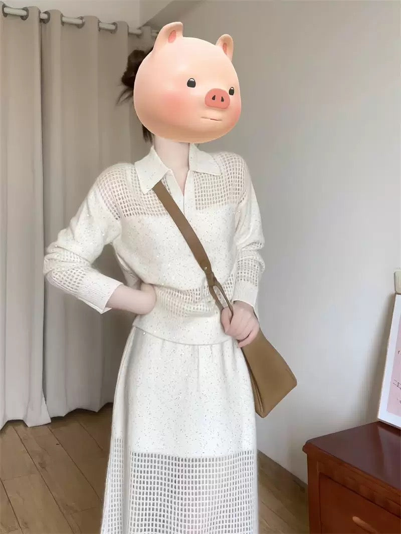 Korean style high-end spring and autumn wear two-piece suit skirt small mohair sweater lazy style relaxation