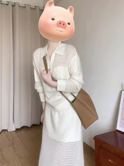 Korean style high-end spring and autumn wear two-piece suit skirt small mohair sweater lazy style relaxation