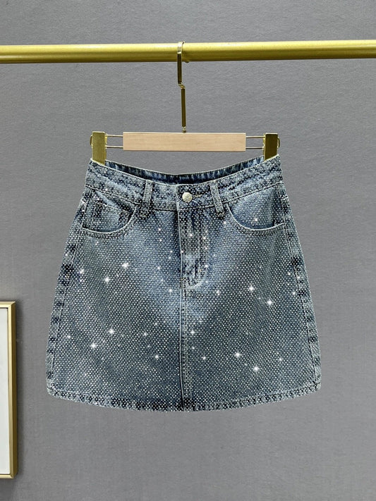 Heavy Industry Full Diamond Denim Skirt Women's Short Skirt 2024 New Summer High Waist Slim Fit European Hip Hip Skirt