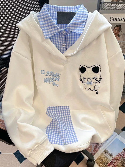 Super stylish plaid patchwork sweatshirt with a faux two-piece design, perfect for autumn and casual wear, ideal for art students.