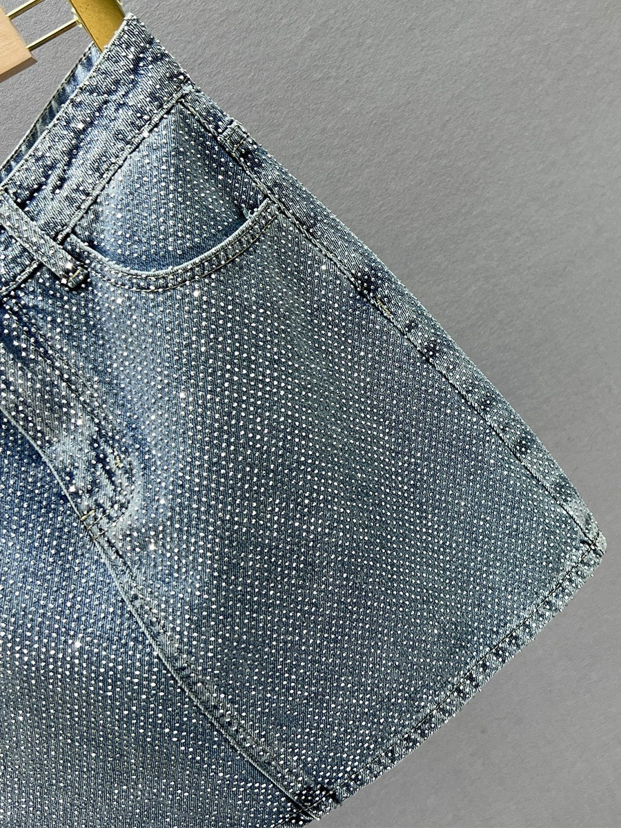 Heavy Industry Full Diamond Denim Skirt Women's Short Skirt 2024 New Summer High Waist Slim Fit European Hip Hip Skirt
