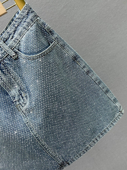 Heavy Industry Full Diamond Denim Skirt Women's Short Skirt 2024 New Summer High Waist Slim Fit European Hip Hip Skirt