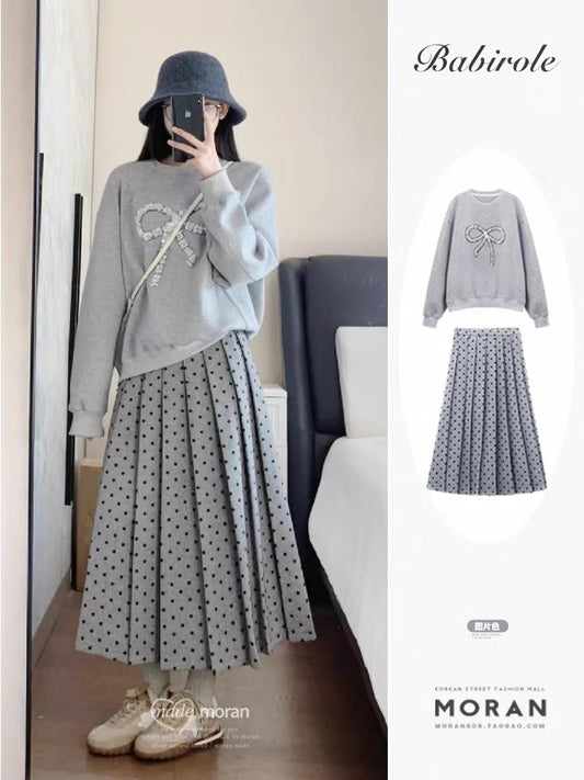 Korean style with a complete set of spring and autumn clothes, high-end gray embroidered sweatshirt top, retro polka dot long skirt two-piece set