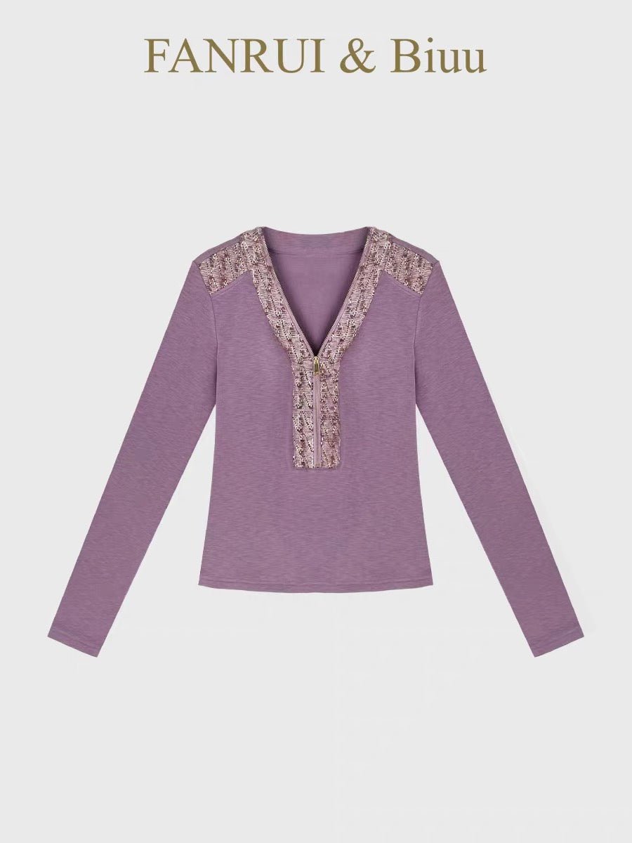 Beibei biuu] Fanrui 2026 New Collection: Tweed-Collar Patchwork Half-Zip Long-Sleeve Top (B23490)