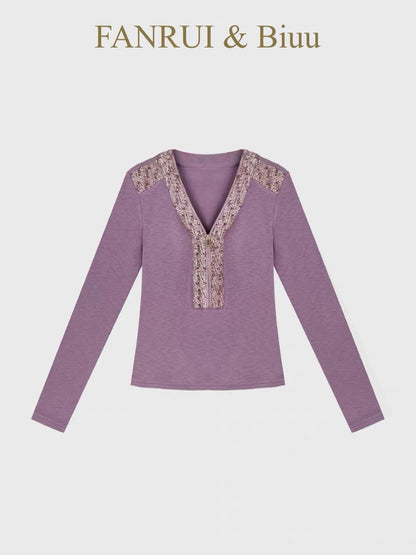 Beibei biuu] Fanrui 2026 New Collection: Tweed-Collar Patchwork Half-Zip Long-Sleeve Top (B23490)
