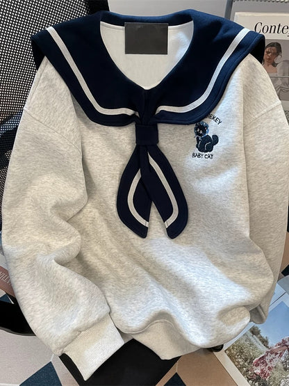 Korean-style, relaxed, cute embroidered cat sailor collar sweatshirt for women, spring and autumn, loose fit, stylish, youthful design.