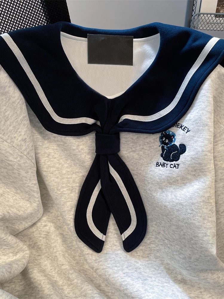 Korean-style, relaxed, cute embroidered cat sailor collar sweatshirt for women, spring and autumn, loose fit, stylish, youthful design.
