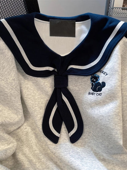Korean-style, relaxed, cute embroidered cat sailor collar sweatshirt for women, spring and autumn, loose fit, stylish, youthful design.