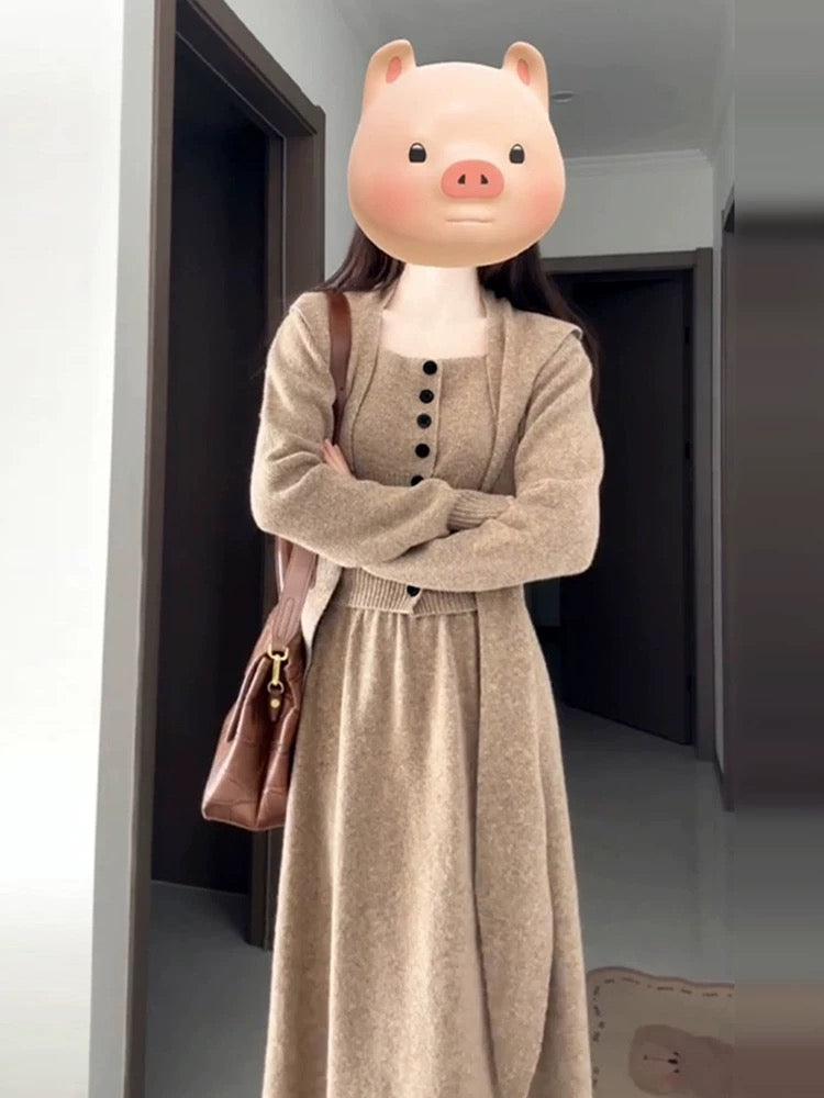 Korean retro outfit autumn and winter a complete set of shawl knitted cardigan sweater half skirt two-piece suit layered women