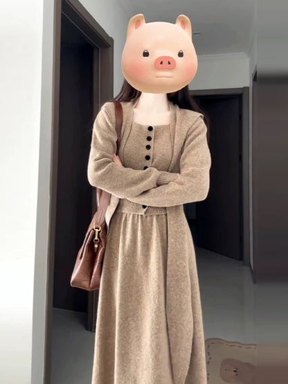 Korean retro outfit autumn and winter a complete set of shawl knitted cardigan sweater half skirt two-piece suit layered women