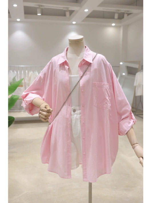 Rollable sleeves, breathable, fresh color, 2024 summer loose, slim, mid-length cotton sunscreen thin long-sleeved shirt for women