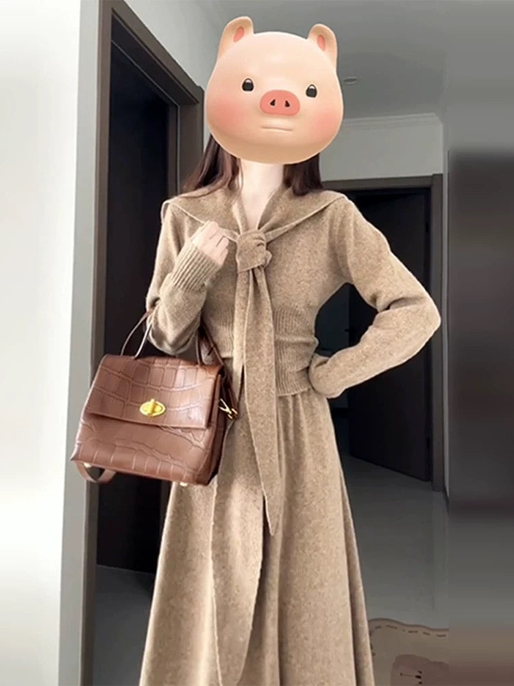 Korean retro outfit autumn and winter a complete set of shawl knitted cardigan sweater half skirt two-piece suit layered women
