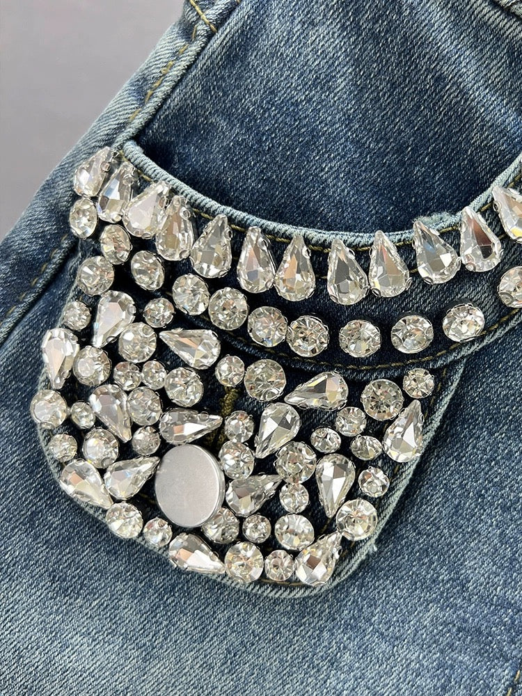 Diamond-encrusted denim skirt for women, trendy 2024 new summer high-waisted slim fit ins European hip-hugging short skirt