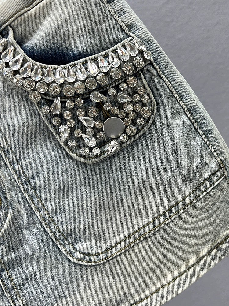 Diamond-encrusted denim skirt for women, trendy 2024 new summer high-waisted slim fit ins European hip-hugging short skirt