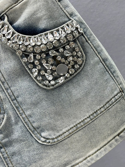 Diamond-encrusted denim skirt for women, trendy 2024 new summer high-waisted slim fit ins European hip-hugging short skirt