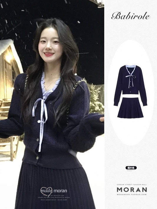 Korean chic atmosphere early autumn outfit suit long-sleeved knitted cardigan top skirt rich daughter two-piece suit