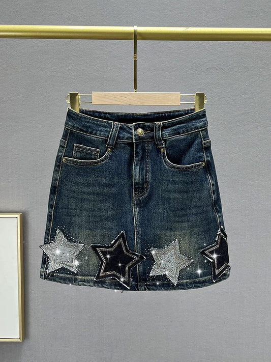 Denim skirt for women 2023 new autumn high-waisted slimming European hot diamond A-line short skirt to prevent exposure