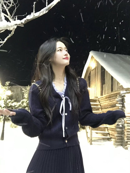 Korean chic atmosphere early autumn outfit suit long-sleeved knitted cardigan top skirt rich daughter two-piece suit