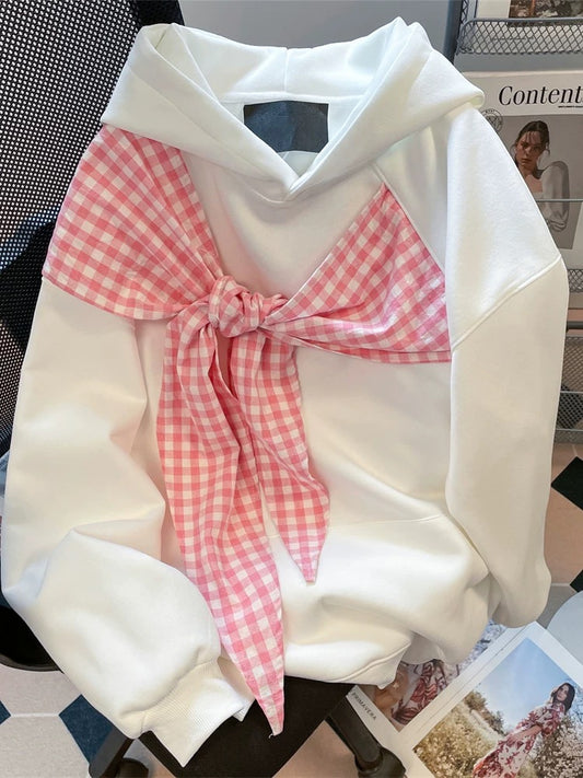 This 2025 trendy hooded sweatshirt with a bow and plaid shawl is super cute and unique, a new autumn style top for women.