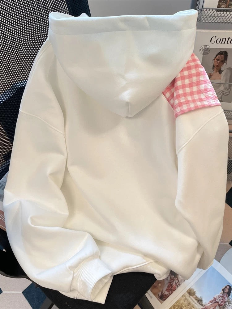This 2025 trendy hooded sweatshirt with a bow and plaid shawl is super cute and unique, a new autumn style top for women.
