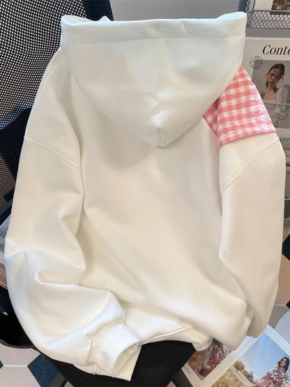 This 2025 trendy hooded sweatshirt with a bow and plaid shawl is super cute and unique, a new autumn style top for women.