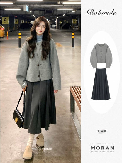 Winter wear a complete set of high-end and age-reducing fashion gray woolen short coat long skirt two-piece suit for women