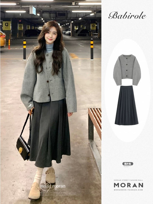 Winter wear a complete set of high-end and age-reducing fashion gray woolen short coat long skirt two-piece suit for women
