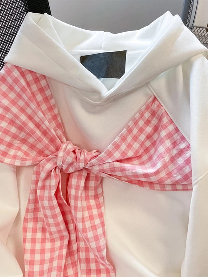 This 2025 trendy hooded sweatshirt with a bow and plaid shawl is super cute and unique, a new autumn style top for women.