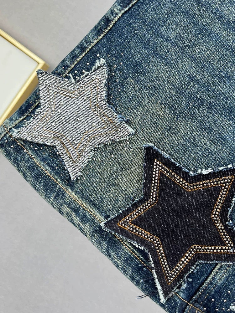 Denim skirt for women 2023 new autumn high-waisted slimming European hot diamond A-line short skirt to prevent exposure