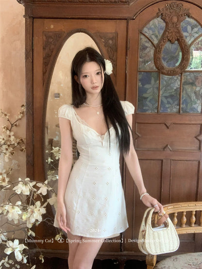 Mummy Cat Lays Eggs [Southern France Holiday] French Retro Hollow Heavy Embroidery V-Neck Dress