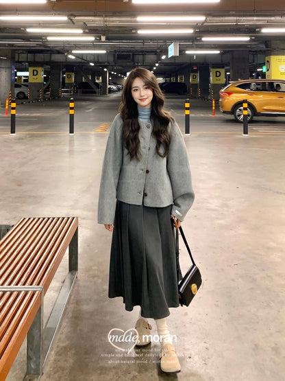 Winter wear a complete set of high-end and age-reducing fashion gray woolen short coat long skirt two-piece suit for women