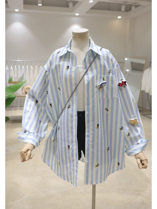High-quality age-reducing cartoon Mickey pendant decoration 2024 spring loose medium-length striped long-sleeved shirt for women