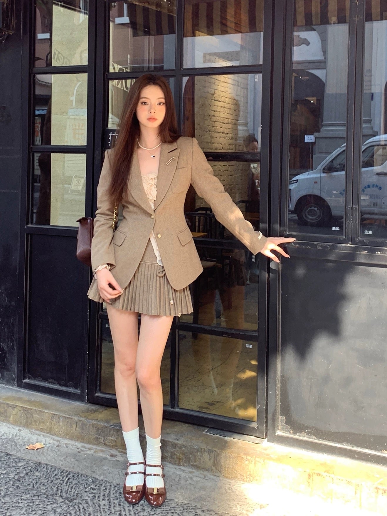 Laying Meow Autumn Temperament Khaki Textured Wool Suit Jacket Pleated Skirt Suit Two-piece Set for Women