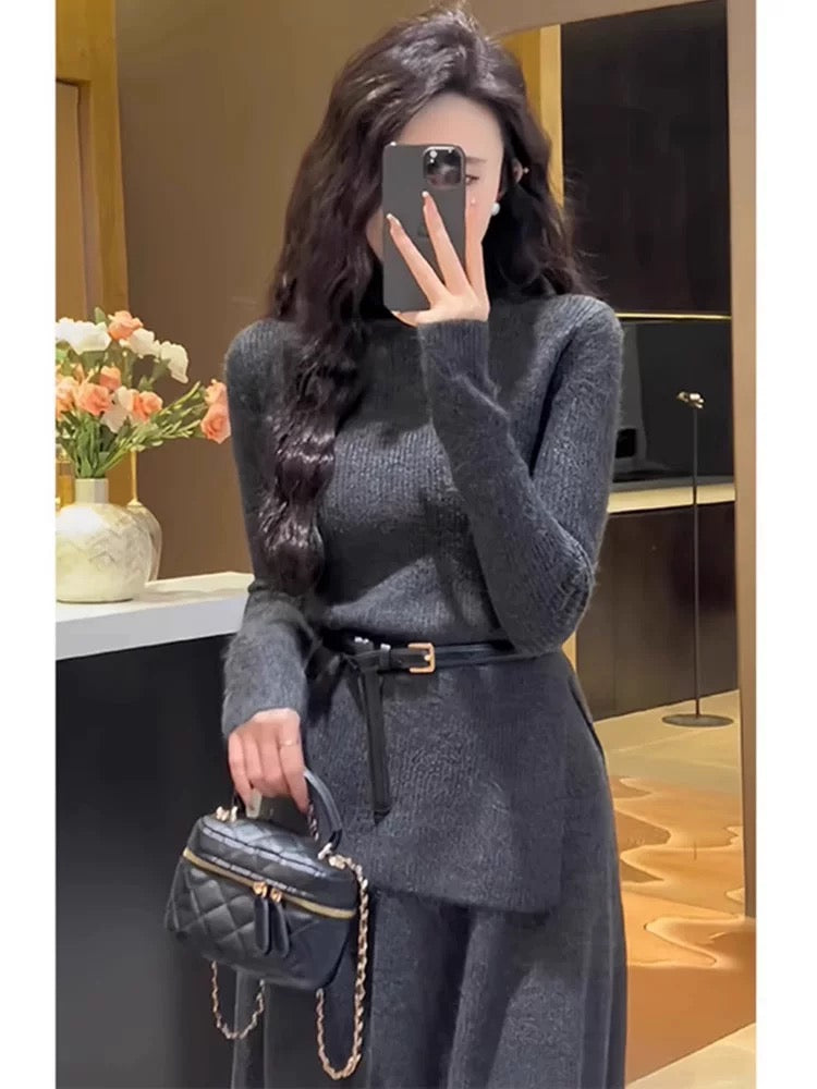 Winter wear with a complete set of fashionable 2025 new salt-line light mature two-piece suit temperament knitted sweater long skirt
