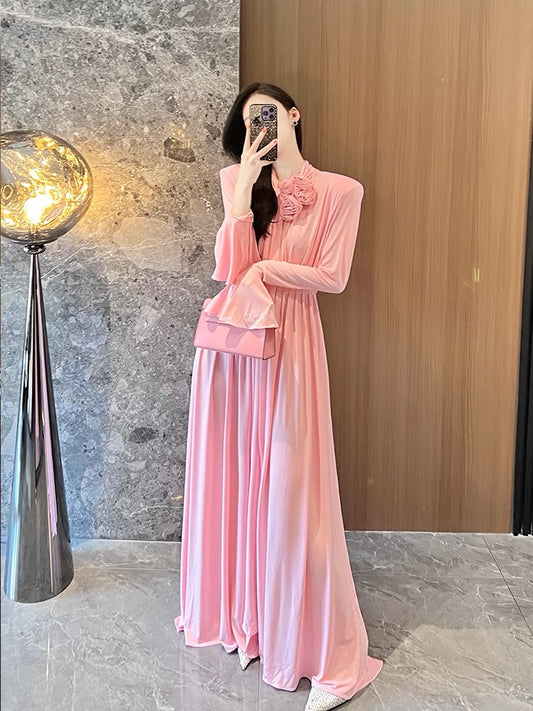 BETTER LS High-end temperament French pink dress, super fairy three-dimensional flower trumpet long-sleeved long skirt