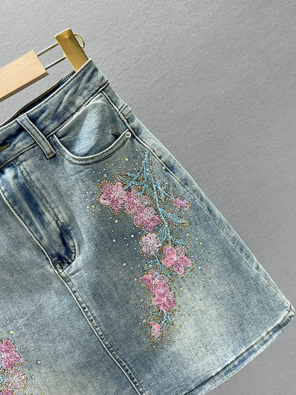 Embroidered denim skirt for women 2023 summer new high-waist slim ins versatile hot diamond a-line skirt short skirt trendy