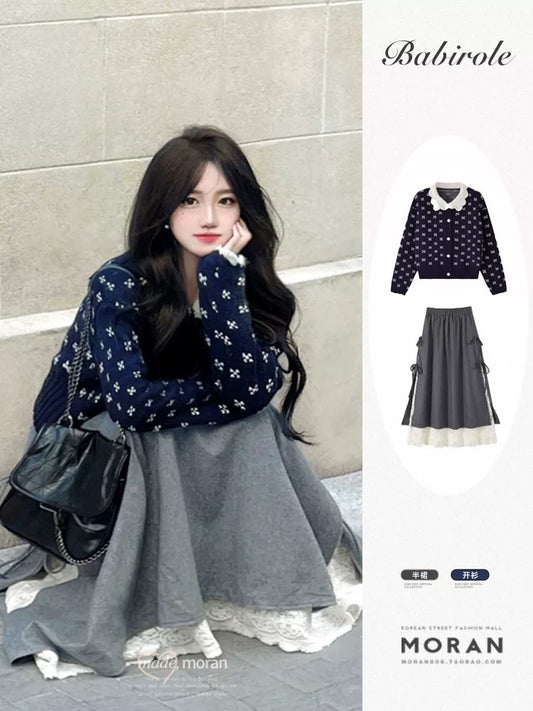 Retro doll collar floral sweater knitted cardigan woolen umbrella skirt two-piece suit women's spring and autumn outfit matching a complete set