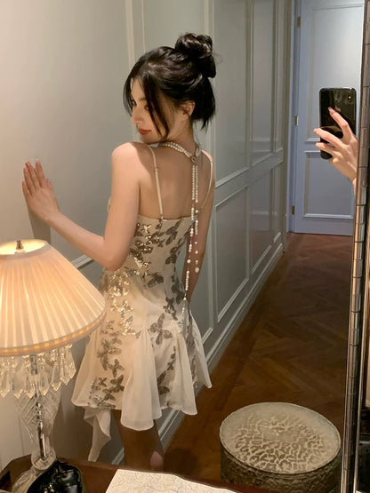 Lienni new waist slimming sleeveless V-neck temperament sexy butterfly embroidered sequin suspender dress women summer