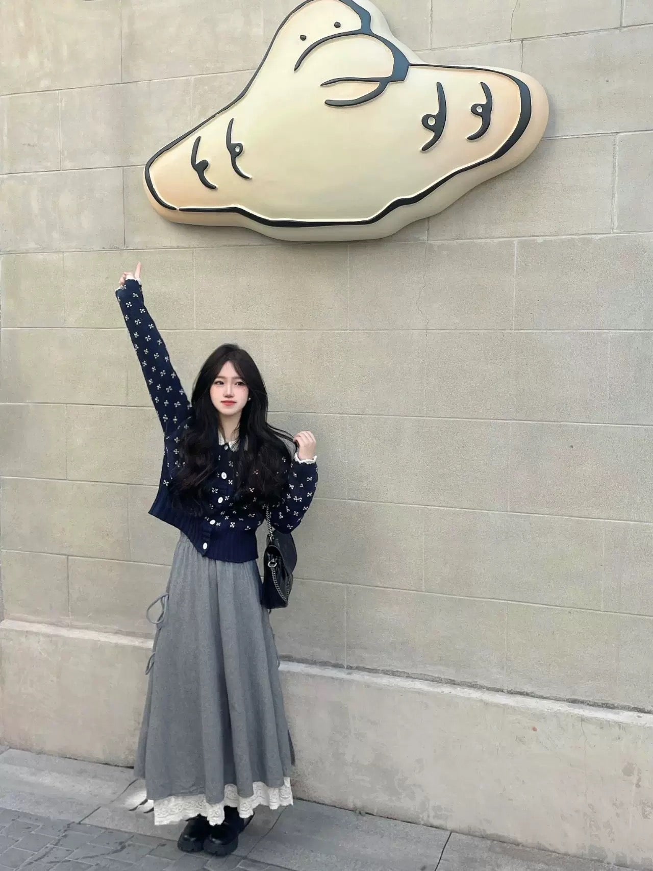 Retro doll collar floral sweater knitted cardigan woolen umbrella skirt two-piece suit women's spring and autumn outfit matching a complete set