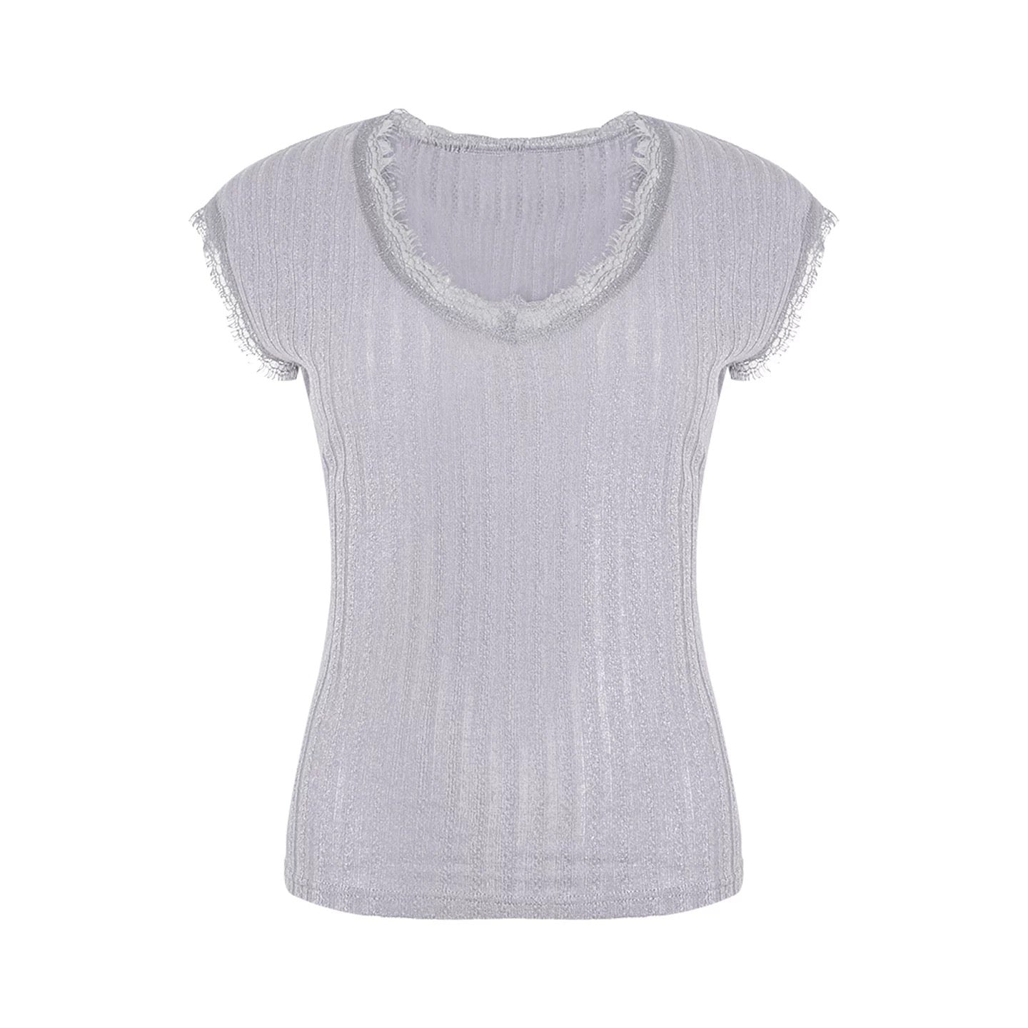 A small wild berry blue V-neck short-sleeved T-shirt for women, a new summer style, slim fit, lace patchwork top.