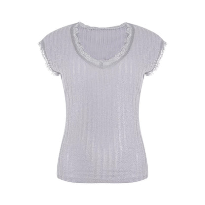 A small wild berry blue V-neck short-sleeved T-shirt for women, a new summer style, slim fit, lace patchwork top.
