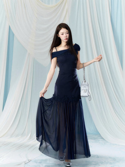 A beautiful off-shoulder, fitted waist dress with a hint of wild berries – a super cute and alluring long dress perfect for spring!