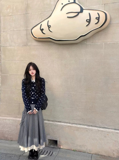 Retro doll collar floral sweater knitted cardigan woolen umbrella skirt two-piece suit women's spring and autumn outfit matching a complete set