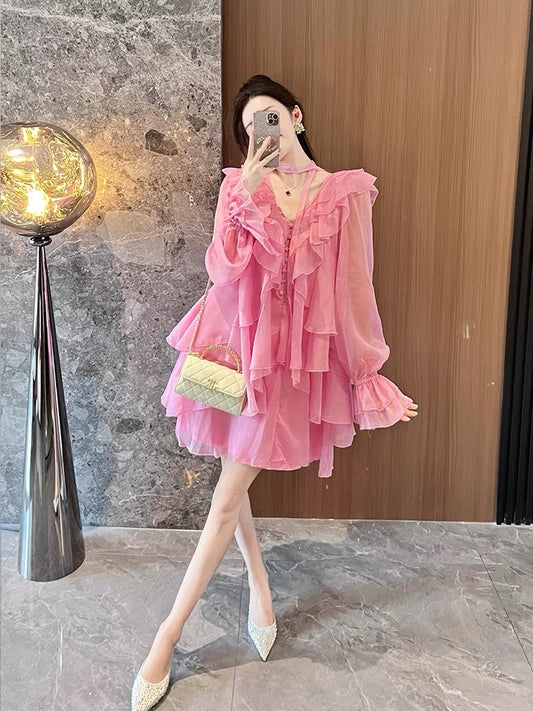 BETTER LS summer new style resort style ruffled chiffon dress female super fairy temperament pink fairy skirt