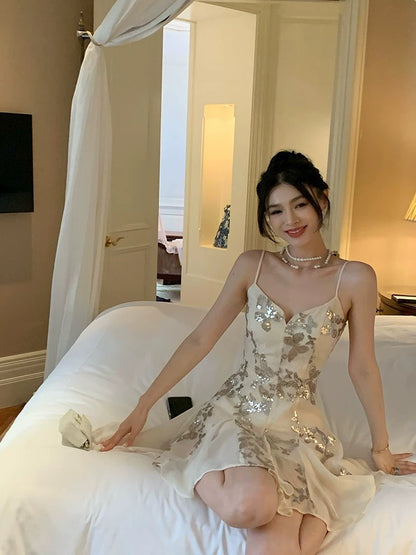 Lienni new waist slimming sleeveless V-neck temperament sexy butterfly embroidered sequin suspender dress women summer