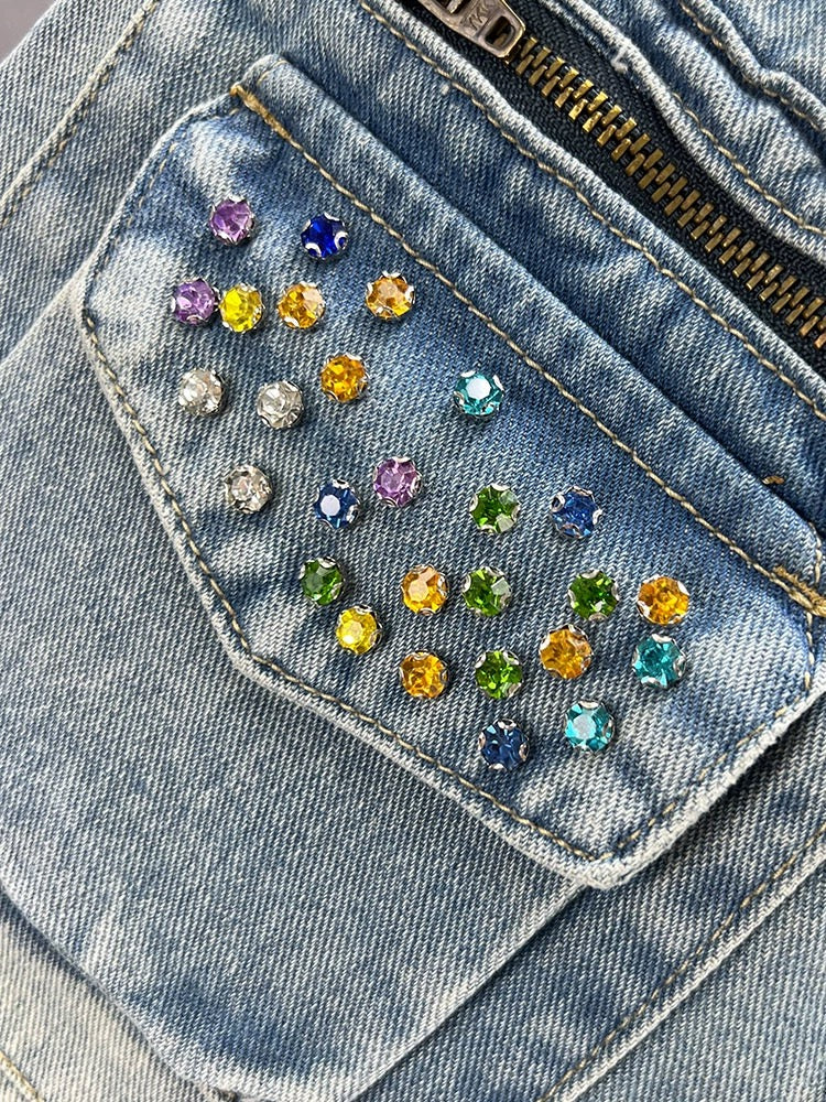 Diamond-encrusted denim short skirt for women, trendy 2023 new summer high-waisted slim-fitting European style raw edge hip-hugging skirt