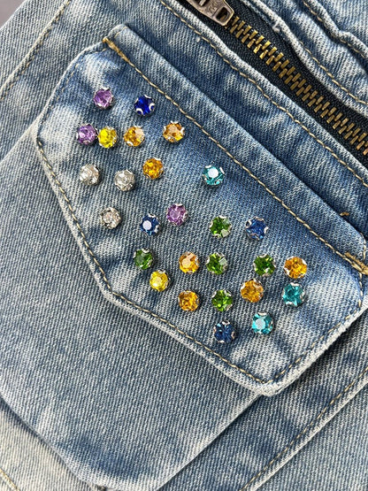 Diamond-encrusted denim short skirt for women, trendy 2023 new summer high-waisted slim-fitting European style raw edge hip-hugging skirt